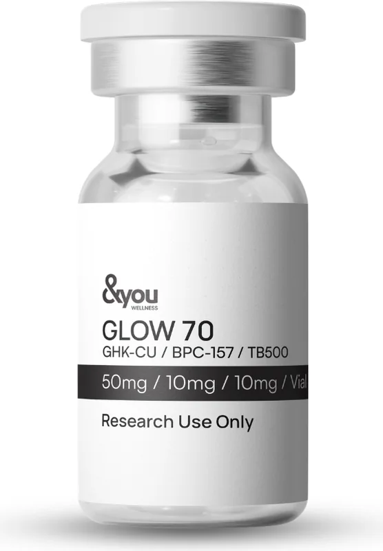 A vial of Glow, a GHK-Cu, BPC-157 and TB-500 research peptide, labelled for research use only